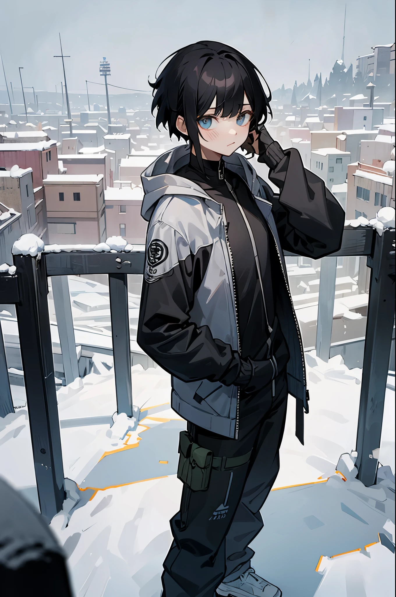 iso_valorant, standing, looking at viewer, jacket, hoodie, long pants, bandaid on face, short black hair, town, winter
