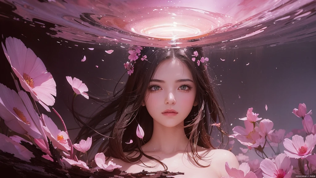 32k, Masterpiece, Highest quality, One girl, Detailed eyes, flower,Sandersonia, Pink and brown style,A dreamy, romantic piece,Pale pink, Mysterious Leaves,A playful arrangement,Fantasy,High Contrast,Ink strokes,explosion,Exposure, Impression of pink and brown tones,Abstract,((Watercolours by John Berkey and Jeremy Mann )) Brush strokes,Negative Space, Tyndall effect,