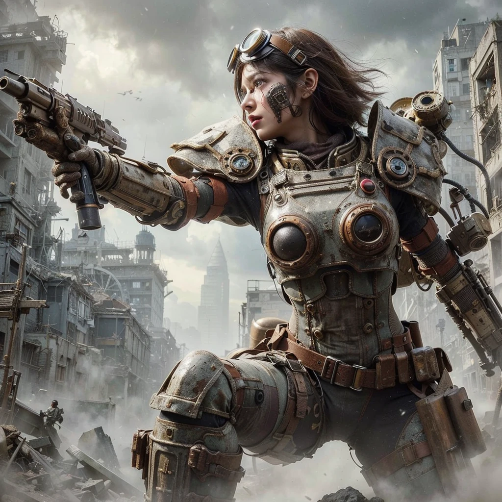 superrealism, ultra high res,8k,(Photorealsitic:1.4), (WWⅡ-like mechanical suit), Collapsed Cities, heavy weapons,vivid textures, beautiful hair, Spaniard female soldier,(ultra beautiful face),legs, ((super realistic all textures)), ((super intricate all details)), full body shot, ultra sharp photo result, beige color, scratch, Rust, weathering, Sweat, move, operational action in progress, steampunk, taken with Fuji film X-T30+Nokton. HDR10,Minimum of 4 pieces created