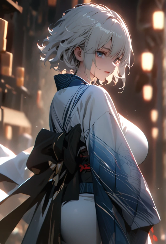 (solo), white hair, messy hair, mane hair, short hair, dense hair, wild hair, expressive hai,(25 year old), pale skin, ((Female)), blue eyes, beautiful girl, wearing a white and blue decoration kimono, beautiful, attractive, huge breast, big ass, Yin, eye reflection, depth of field, thunder aura, cinematic lighting, ray tracing, depth of field, cinematic lighting, ray tracing, UHD, high details, best quality, highres, high quality, award winning, super detail, masterpiece, 8k, UHD, high details, best quality, highres, high quality, award winning, super detail, masterpiece, 8k, digital art, anime coloring, body shot, full body, back shot, good face, perfect face, detailed face, good eyes. The background is space. A whitehole in the background.