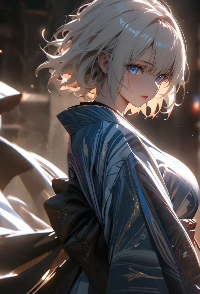 (solo), white hair, messy hair, mane hair, short hair, dense hair, wild hair, expressive hai,(25 year old), pale skin, ((Female)), blue eyes, beautiful girl, wearing a white and blue decoration kimono, beautiful, attractive, huge breast, big ass, Yin, eye reflection, depth of field, thunder aura, cinematic lighting, ray tracing, depth of field, cinematic lighting, ray tracing, UHD, high details, best quality, highres, high quality, award winning, super detail, masterpiece, 8k, UHD, high details, best quality, highres, high quality, award winning, super detail, masterpiece, 8k, digital art, anime coloring, body shot, full body, back shot, good face, perfect face, detailed face, good eyes. The background is space. A whitehole in the background.