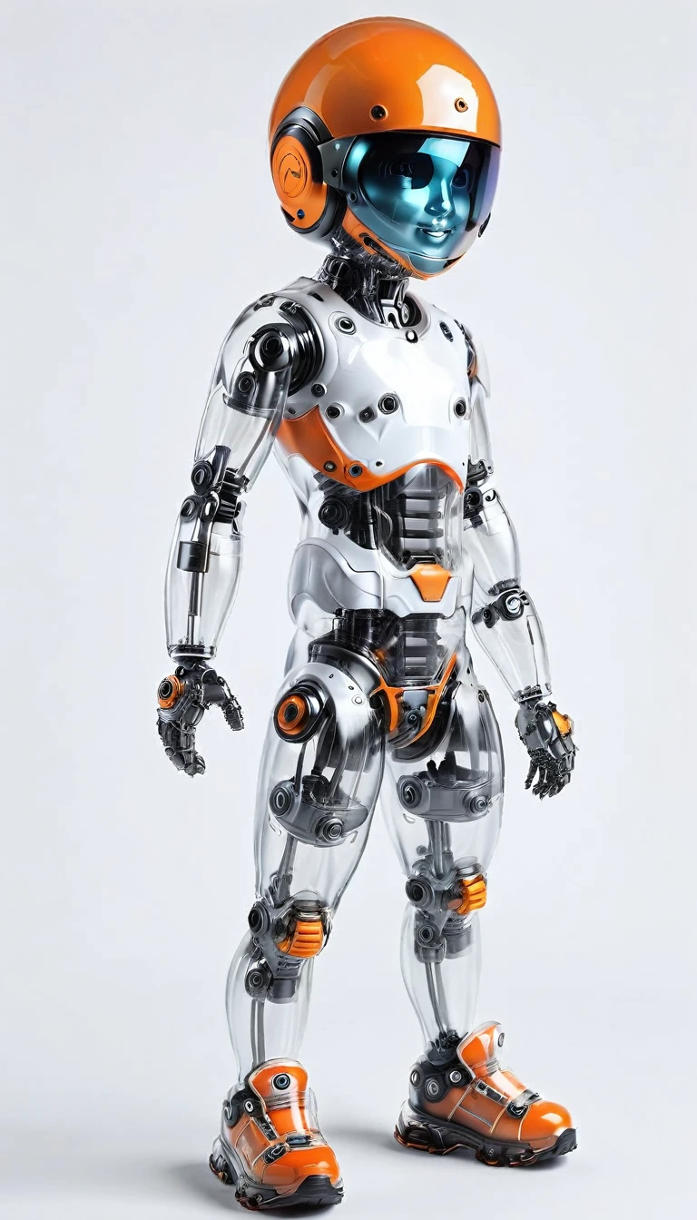 Create a realistic image of an adult male AI robot with a predominantly orange and black appearance. He was supposed to be wearing a helmet with goggles covering his eyes, but his mouth was visible and he was smiling at the camera, and his shoes were black and orange metal. The AI robot must pose cutely in front of the camera, with its entire body clearly visible from head to toe. The background must be white. The overall scene should emphasize the whimsical and fun nature of the AI robot character