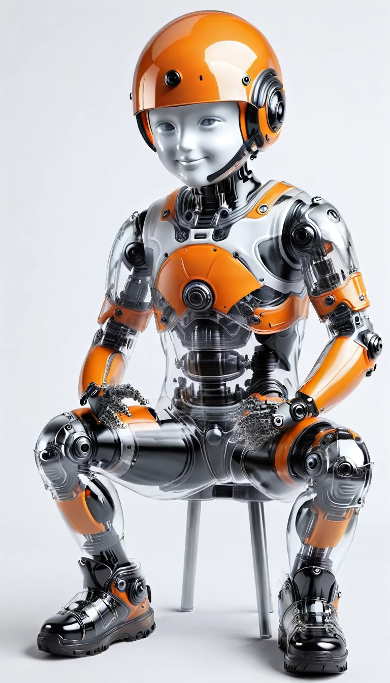 Create a realistic image of an adult male AI robot with a predominantly orange and black appearance. He was supposed to be wearing a helmet with goggles covering his eyes, but his mouth was visible and he was smiling at the camera, and his shoes were black and orange metal. The AI ​​robot must pose cutely in front of the camera, with its entire body clearly visible from head to toe. The background must be white. The overall scene should emphasize the whimsical and fun nature of the AI ​​robot character