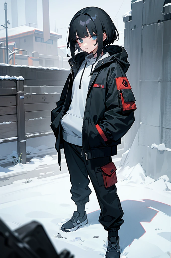 iso_valorant, standing, looking at viewer, jacket, hoodie, long pants, bandaid on face, short black hair, town, winter, arms in pockets