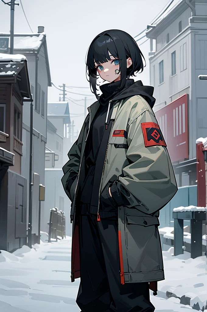 iso_valorant, standing, looking at viewer, jacket, hoodie, long pants, bandaid on face, short black hair, town, winter, arms in pockets