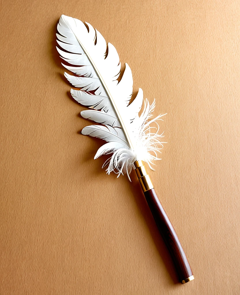 （Handle Feather Fan)、（Wooden handle）、（(It is made up of many overlapping feathers.）)、(The handle is at the base of the blade.)、Small handle