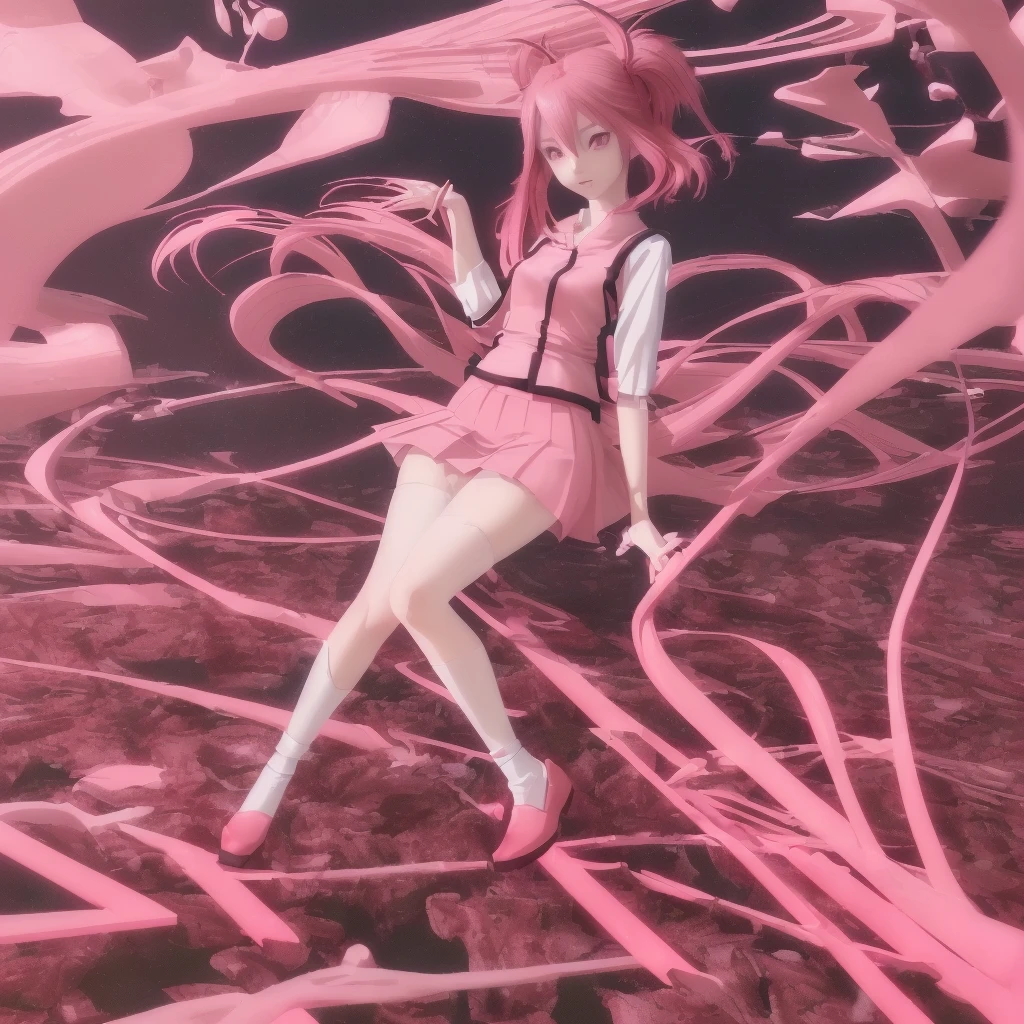 anime girl in a short skirt and knee-length stockings, red-pink hair, two tails, full-length, in a beautiful place, 3D wallpaper.