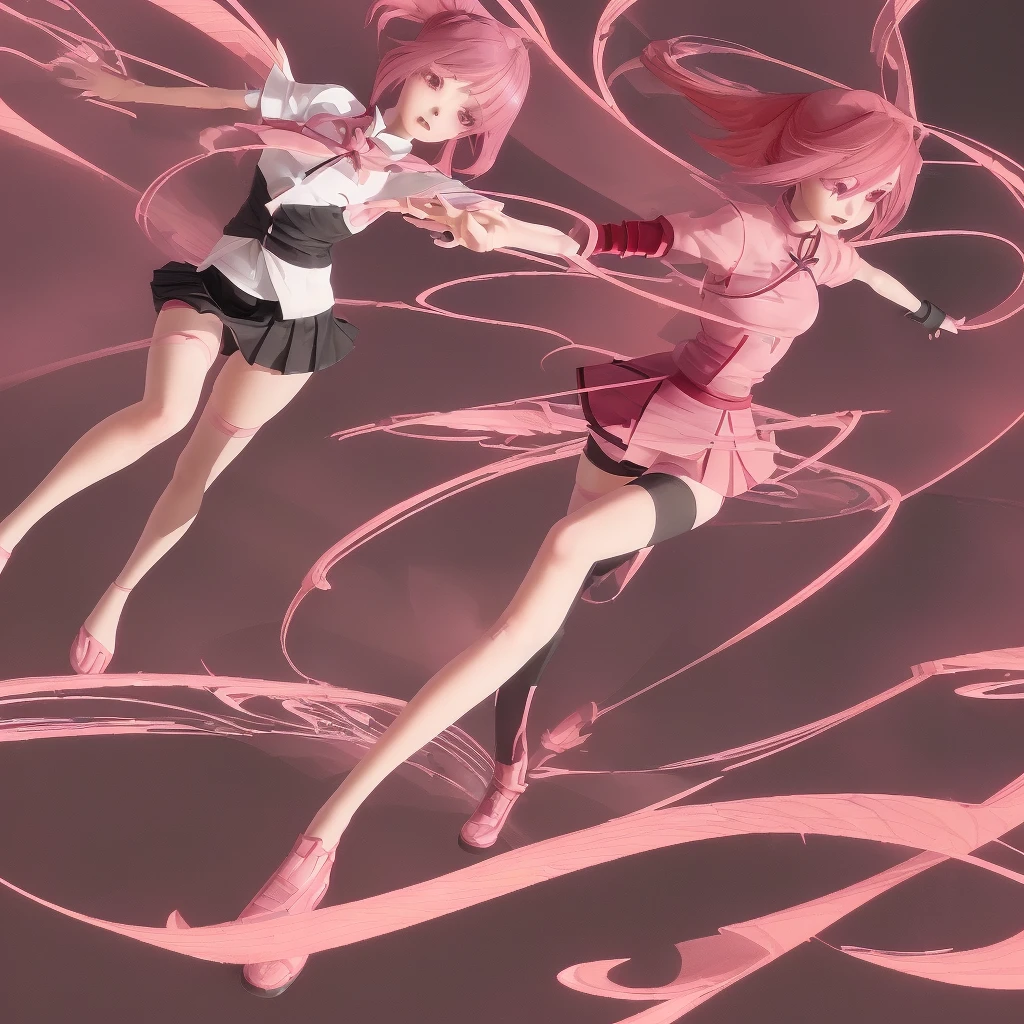 anime girl in a short skirt and knee-length stockings, red-pink hair, two tails, full-length, in a beautiful place, 3D wallpaper.