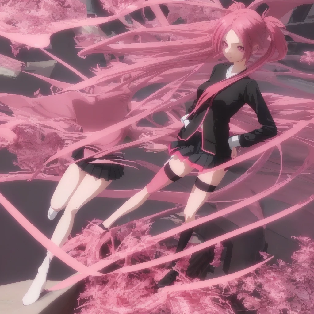 anime girl in a short skirt and knee-length stockings, red-pink hair, two tails, full-length, in a beautiful place, 3D wallpaper.