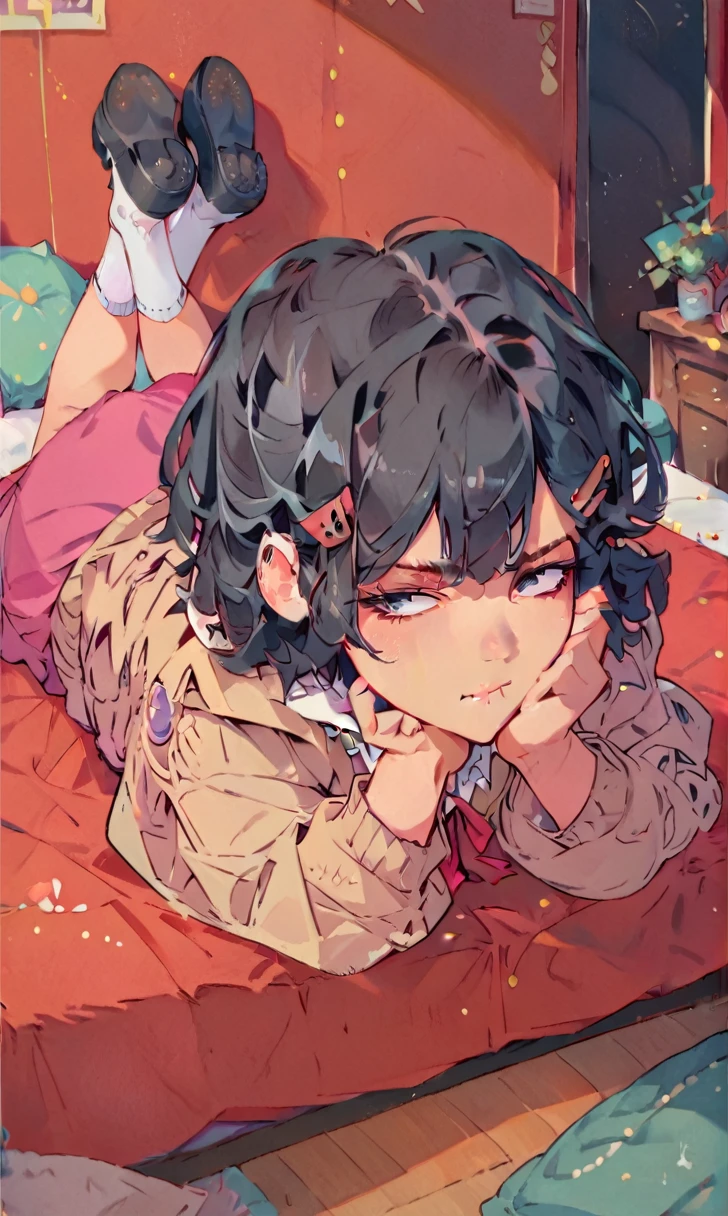 (score_9, score_8_up), score_7_up, score_6_up, score_5_up, score_4_up, Zenko, 1girl, black hair, hair ornament, hairclip, black eyes, short hair, beige cardigan, cardigan, pink dress, red ribbon, lying on bed, on stomach, elbow rest, hands on chin, looking away, expressionless, white socks, black footwear, legs up, puffy cheeks, pout, indoors, bedroom, close-up xaxaxa