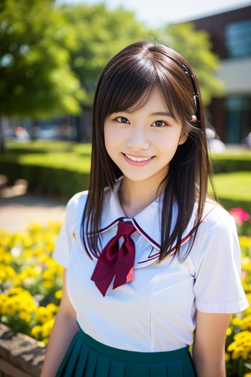 (((full bodyesbian)))、((Girls' High School Uniforms))、((1a person))、short ponytail hair、short bob hair、Close to the subject、((a school flower beds)))、(((ssmile)))、(((Girls' High School)))、((a beauty girl))、((sexy pose))、Photorealsitic、Beautiful detailed eyes、Hyper-Realism、highcontrast、Ultra HD、realistic skin textures、Top image quality、top-quality、超A high resolution、Fine details、Very meticulously、well-endowed round bosom