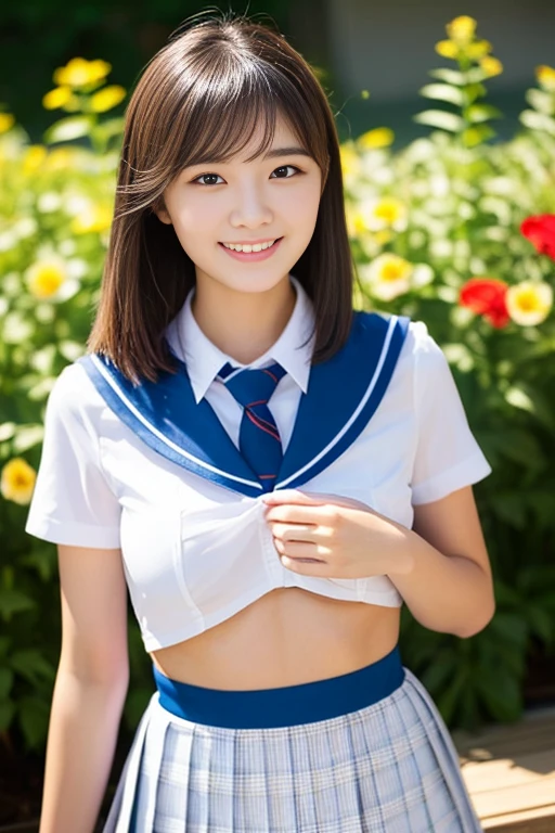 (((full bodyesbian)))、((Girls' High School Uniforms))、((１a person))、short ponytail hair、short bob hair、Close to the subject、((a school flower beds)))、(((ssmile)))、(((Girls' High School)))、((a beauty girl))、((sexy  pose))、Photorealsitic、Beautiful detailed eyes、Hyper-Realism、highcontrast、Ultra HD、realistic skin textures、Top image quality、top-quality、超A high resolution、Fine details、Very meticulously、well-endowed round bosom