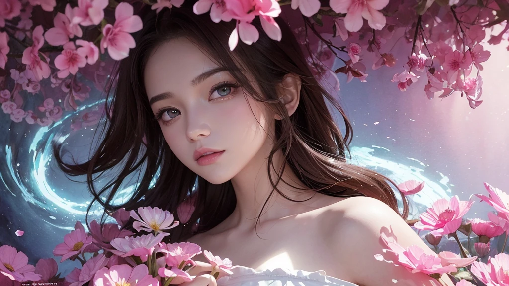 32k, Masterpiece, Highest quality, One girl, Detailed eyes, flower,Sandersonia, Pink and brown style,A dreamy, romantic piece,Pale pink, Mysterious Leaves,A playful arrangement,Fantasy,High Contrast,Ink strokes,explosion,Exposure, Impression of pink and brown tones,Abstract,((Watercolours by John Berkey and Jeremy Mann )) Brush strokes,Negative Space, Tyndall effect,