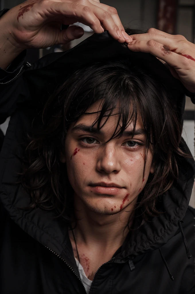 Beautiful boy, Messy hair, oversize parka black color, cutting meat blood, cold face