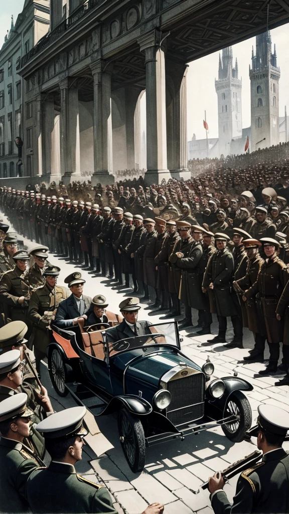 Illustration of the 1923 coup attempt in Munich, with the leader and his followers trying to take power