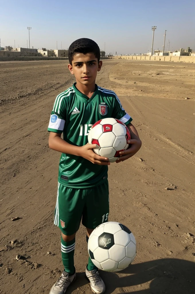 A football in the hands of a , 13 years old in Jersey and his name is "Miraz". A Palestinian army came to save him!