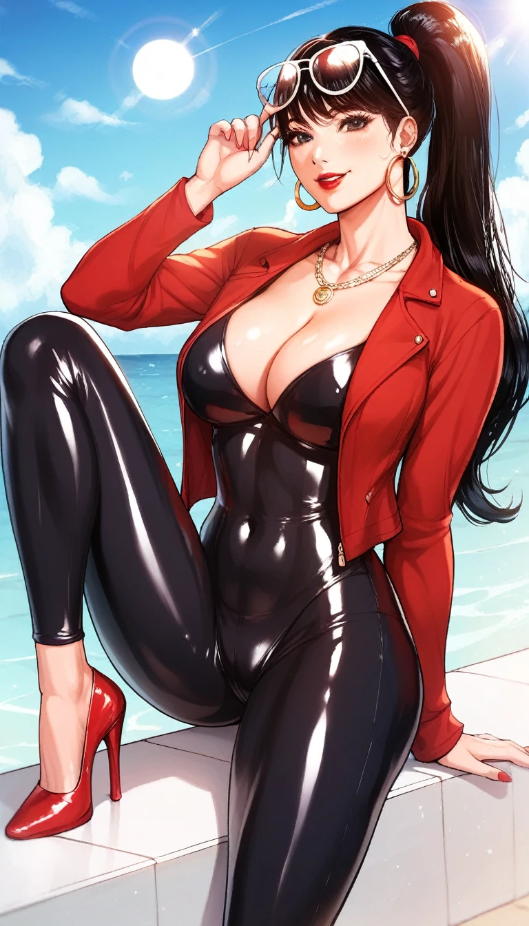 Hot sexy beautiful milf mom ,slender body, detailed lips rings ,black hair,black eyes,white sun glasses on head, detailed , big hoops earrings , alluring face, smiling, necklace , red lipstick ,two hair ponytail ,latex black open jacket, latex black pant, cleavage,heels,no bra