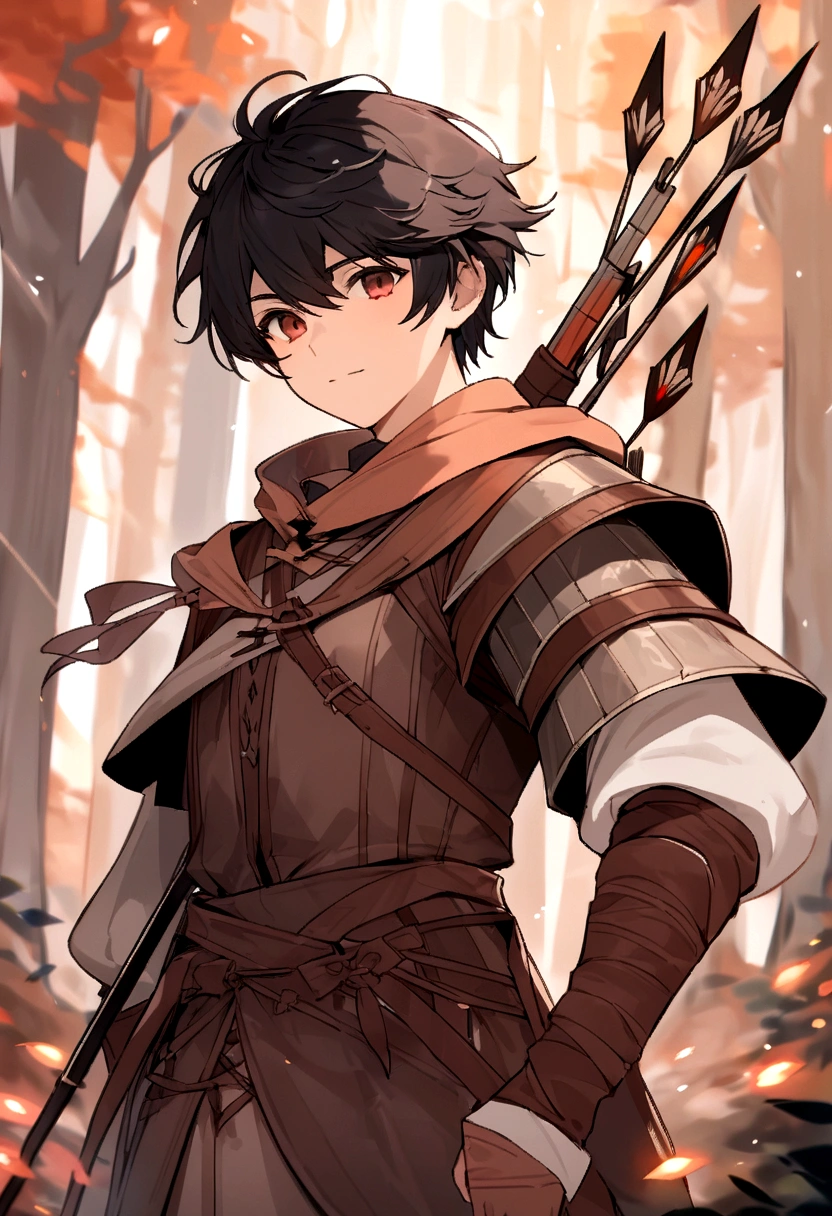 young man with short brownish black hair wearing medieval clothes, holding a bow and arrows, set in a forest. Approaching perfection, Long take shot, Ultra detailed, smooth, HD resolution, Niji-5. 