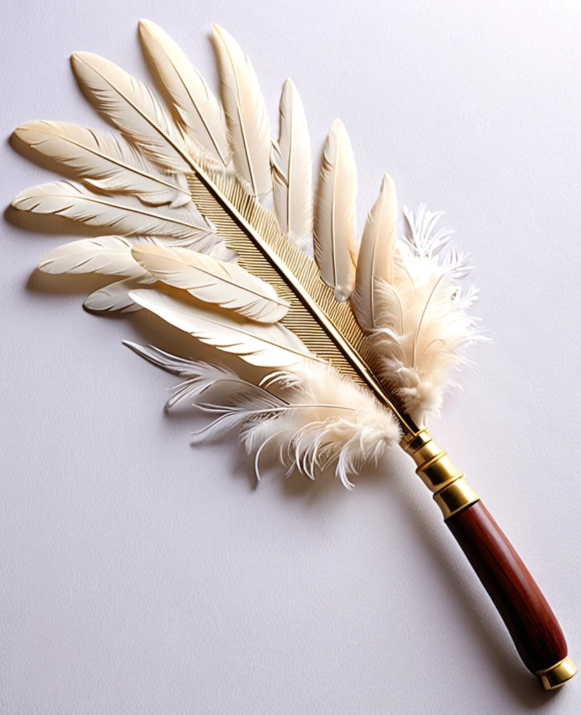 (Handle Feather Fan)、(Wooden handle)、((It is made up of many overlapping feathers.))、(The handle is at the base of the blade.)、Short handle