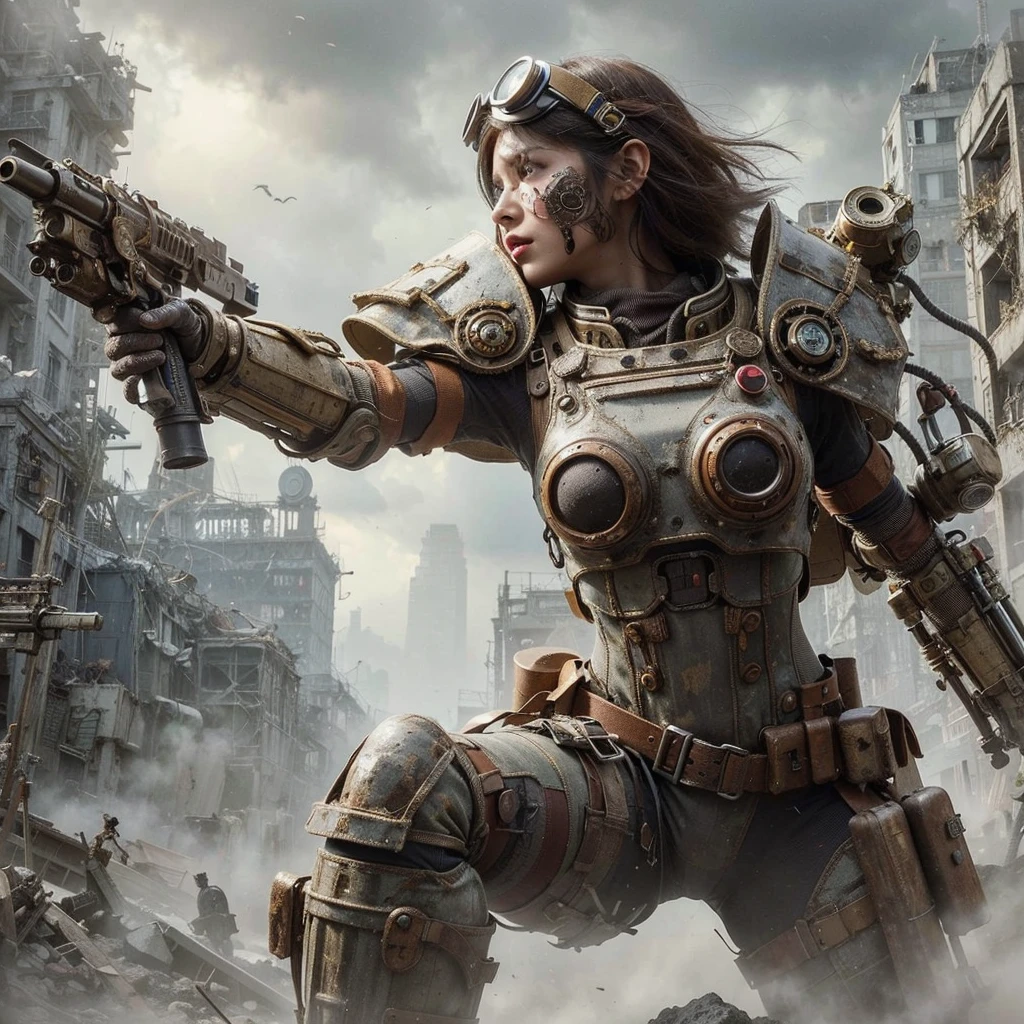 superrealism, ultra high res,8k,(Photorealsitic:1.4), (WWⅡ-like mechanical suit), Collapsed Cities, heavy weapons,vivid textures, beautiful hair, Spaniard female soldier,(ultra beautiful face),legs, ((super realistic all textures)), ((super intricate all details)), full body shot, ultra sharp photo result, beige color, scratch, Rust, weathering, Sweat, move, operational action in progress, steampunk, taken with Fuji film X-T30+Nokton. HDR10,Minimum of 4 pieces created