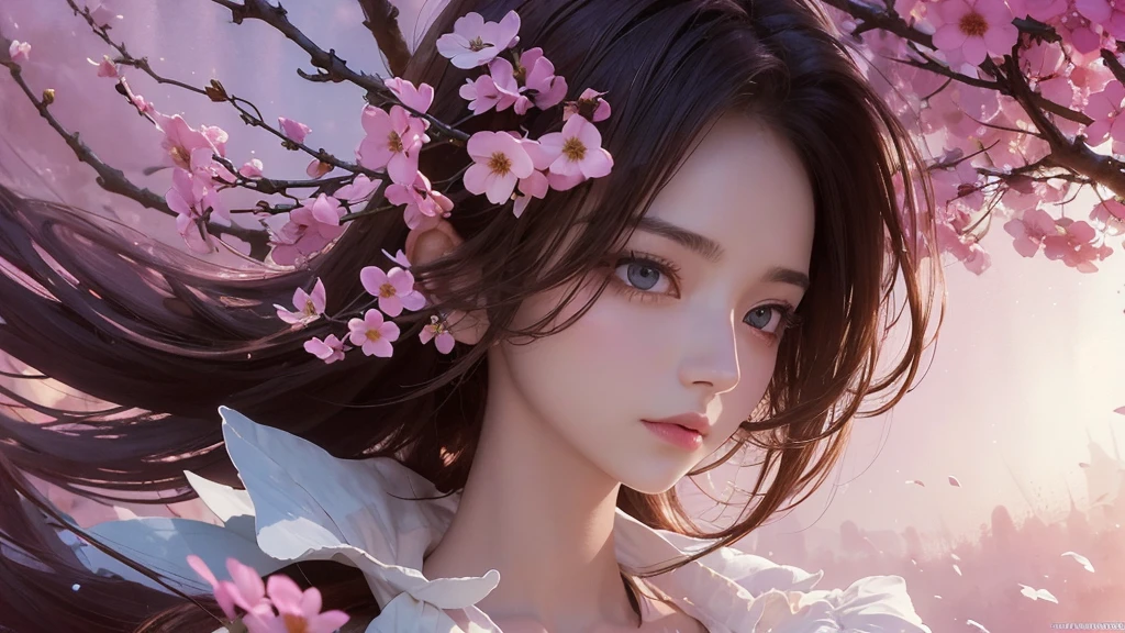 32k, Masterpiece, Highest quality, One girl, Detailed eyes, flower,Sandersonia, Pink and brown style,A dreamy, romantic piece,Pale pink, Mysterious Leaves,A playful arrangement,Fantasy,High Contrast,Ink strokes,explosion,Exposure, Impression of pink and brown tones,Abstract,((Watercolours by John Berkey and Jeremy Mann )) Brush strokes,Negative Space, Tyndall effect,