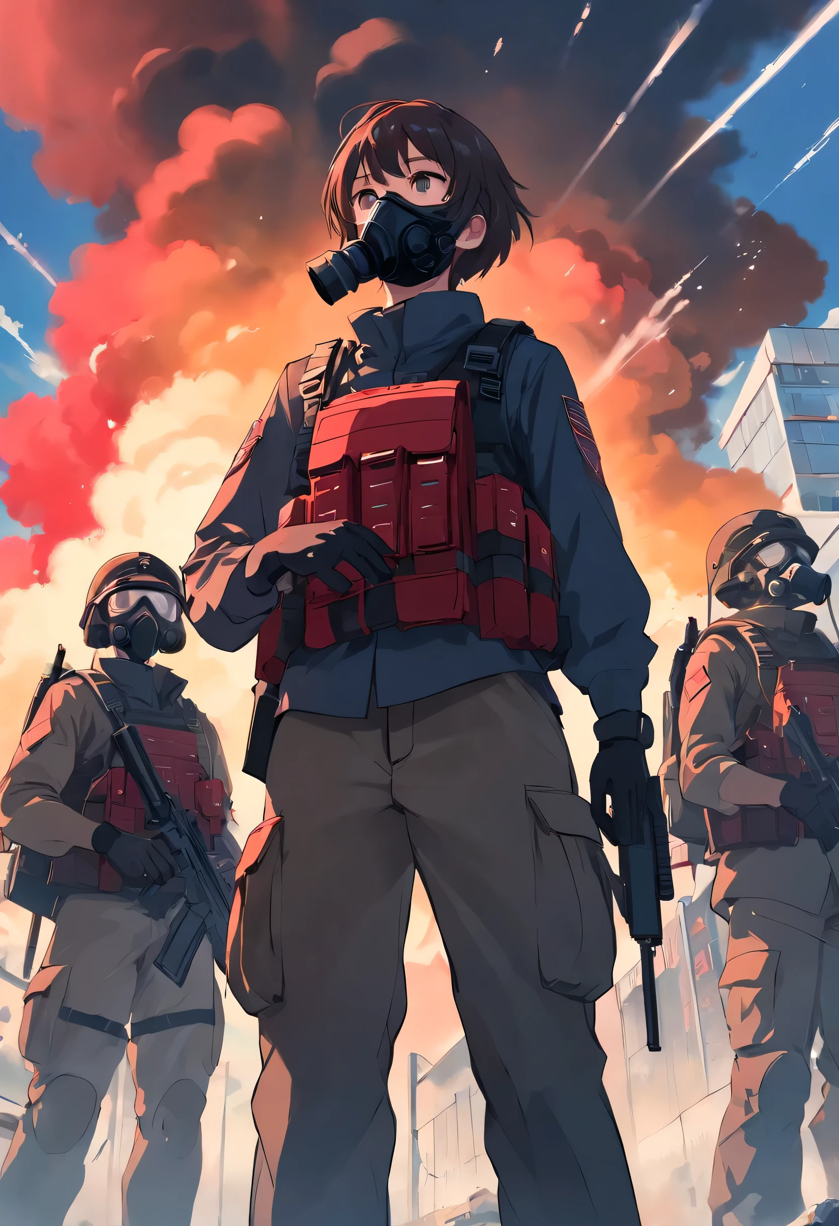 Tall soldiers, bulletproof vest, (soldier uniform), red and black, weapon, gatling gun, gas mask, rank on the side of clothing, horizon, full fire, balck and red colours, smoke and shadows