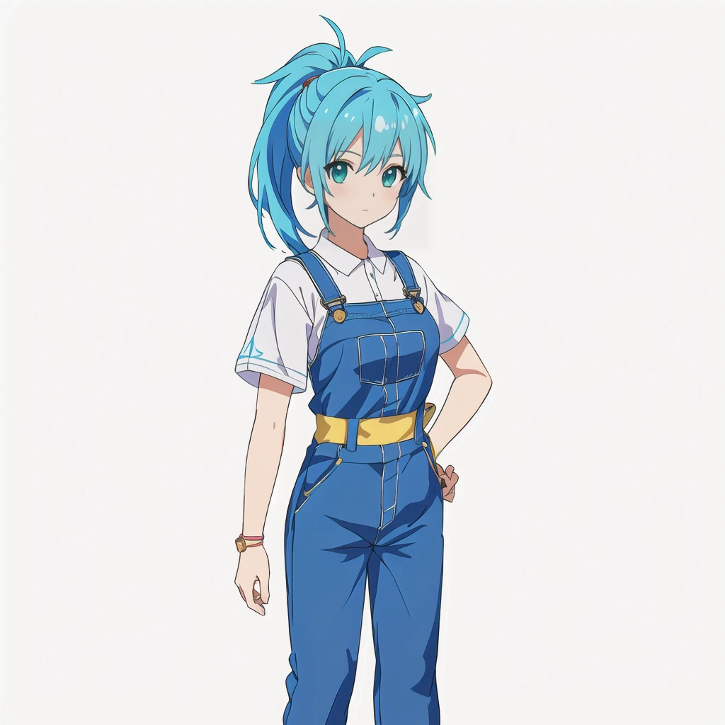 Highest quality, high resolution, High quality anime art style, Official Art, Smooth anime CG art, Stylized anime, Cute 3D anime girl render, Visual Novel Sprites, White background, whole body, Anime-style 3D, Smooth anime CG art, humanoid woman, JRPG Characters, Anime woman with blue hair and blue overalls, Turquoise hair anime girl, ponytail, Neat hairstyle, tall, 20-year-old