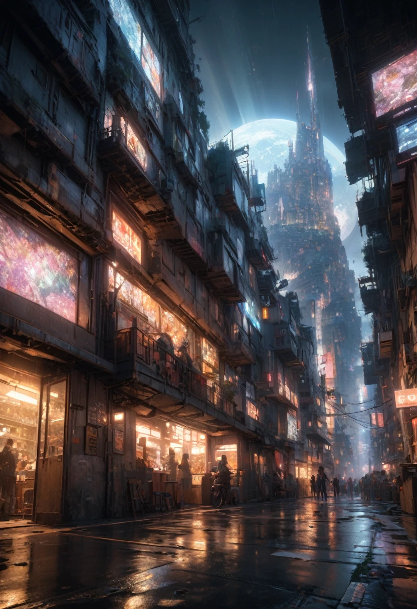 dystopian city , People live, Night view city slums , Bright lighting, Spirited, Very crowded, Populous, Color Scheme, Art Station, Create ultra-realistic renderings of aircraft,Like a bicycle. Street cables densely cover the areas between buildings. Lighting scene lights on, quality\(8k,非常に精細なCGユニットのwallpaper, masterpiece,High resolution,top-quality,top-quality real texture skin,Surreal,Increase the resolution,RAW Photos,最高quality,Very detailed,wallpaper,Cinema Lighting,Ray-tracing,Golden Ratio\),(Long Shot),landscape,