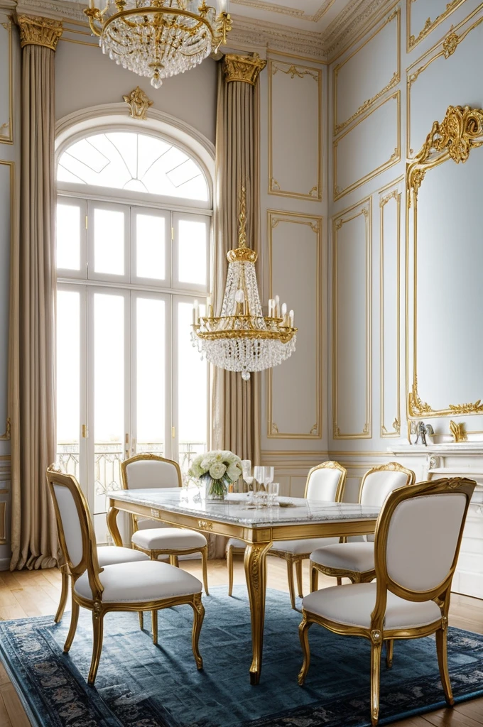 Elegant and luxurious piece. Plafond avec moulures blanches ornées. Large golden crystal chandelier. Murs blancs avec arcs et colonnes sculptées. Large window with dark brown wooden frame. Meuble bas blanc avec motifs sculptés et poignées dorées. Golden mirror on the wall. White table with gold legs in the center. Vêtements pliés de couleur sombre sur la table. Blue rug with white patterns. Ouverture vers une autre pièce avec rideaux bleus et sol en bois sombre.
Femme blonde. Cheveux longs et lisses. Elegant black jacket. relaxed pose. Regard vers la caméra. Teint clair. Discreet lipstick. Bijoux minimalistes. Style professionnel.