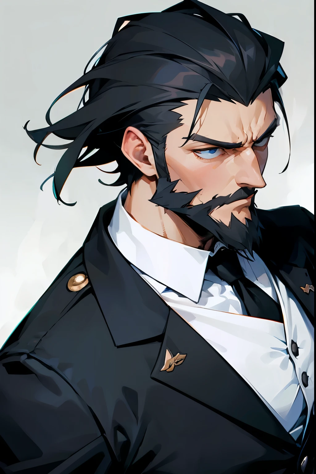 1male , Suit , Military General Clothing ,Black blazer with white cuffs , Serious Expression , Adult Male , Beard