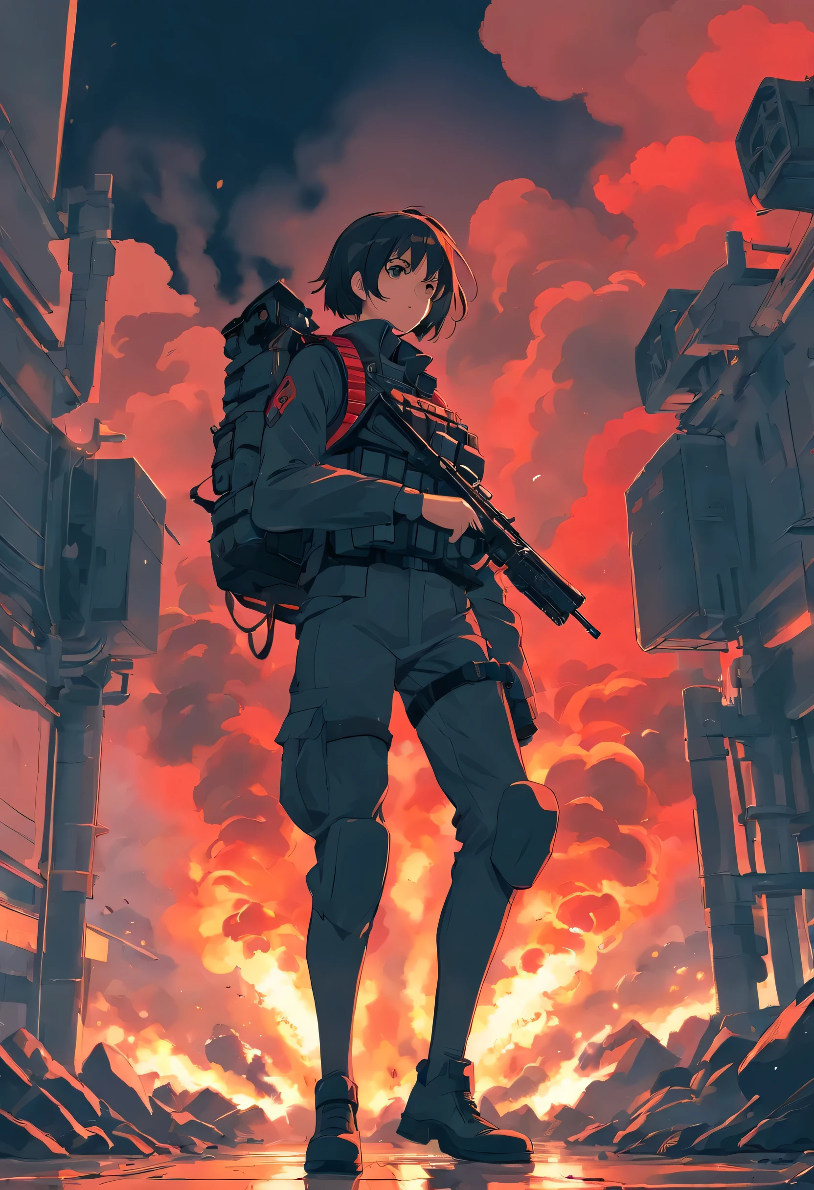 Tall soldiers, bulletproof vest, (soldier uniform), red and black, weapon, gatling gun, gas mask, rank on the side of clothing, horizon, full fire, balck and red colours, smoke and shadows