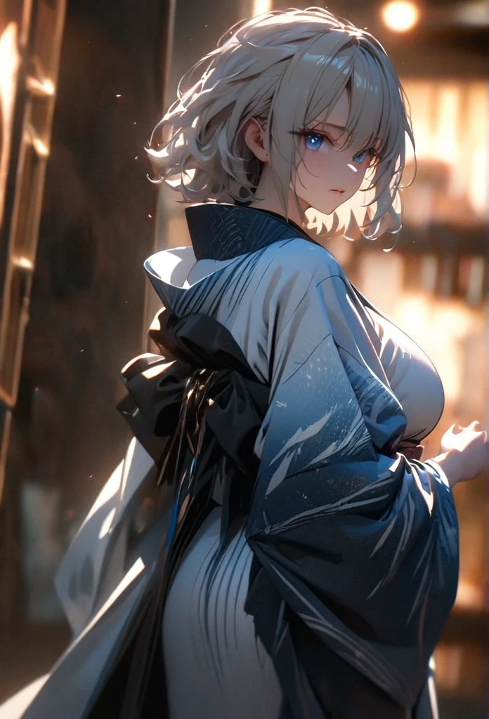 (solo), white hair, messy hair, mane hair, short hair, dense hair, wild hair, expressive hai,(25 year old), pale skin, ((Female)), blue eyes, beautiful girl, wearing a white and blue decoration kimono, beautiful, attractive, huge breast, big ass, Yin, eye reflection, depth of field, thunder aura, cinematic lighting, ray tracing, depth of field, cinematic lighting, ray tracing, UHD, high details, best quality, highres, high quality, award winning, super detail, masterpiece, 8k, UHD, high details, best quality, highres, high quality, award winning, super detail, masterpiece, 8k, digital art, anime coloring, body shot, full body, back shot, good face, perfect face, detailed face, good eyes. The background is space. A whitehole in the background.
