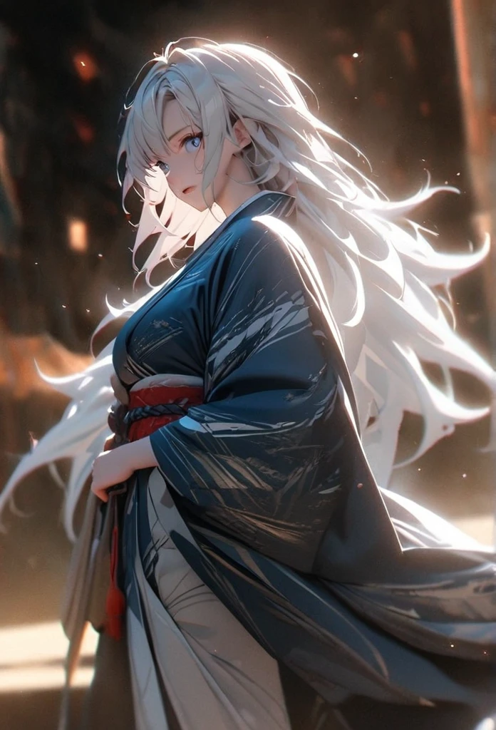 (solo), white hair, messy hair, mane hair, short hair, dense hair, wild hair, expressive hai,(25 year old), pale skin, ((Female)), blue eyes, beautiful girl, wearing a white and blue decoration kimono, beautiful, attractive, huge breast, big ass, Yin, eye reflection, depth of field, thunder aura, cinematic lighting, ray tracing, depth of field, cinematic lighting, ray tracing, UHD, high details, best quality, highres, high quality, award winning, super detail, masterpiece, 8k, UHD, high details, best quality, highres, high quality, award winning, super detail, masterpiece, 8k, digital art, anime coloring, body shot, full body, back shot, good face, perfect face, detailed face, good eyes. The background is space. A whitehole in the background.