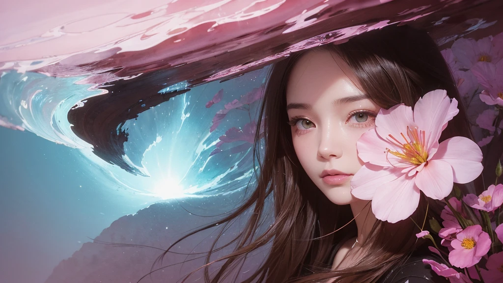 32k, Masterpiece, Highest quality, One girl, Detailed eyes, flower,Sandersonia, Pink and brown style,A dreamy, romantic piece,Pale pink, Mysterious Leaves,A playful arrangement,Fantasy,High Contrast,Ink strokes,explosion,Exposure, Impression of pink and brown tones,Abstract,((Watercolours by John Berkey and Jeremy Mann )) Brush strokes,Negative Space, Tyndall effect,