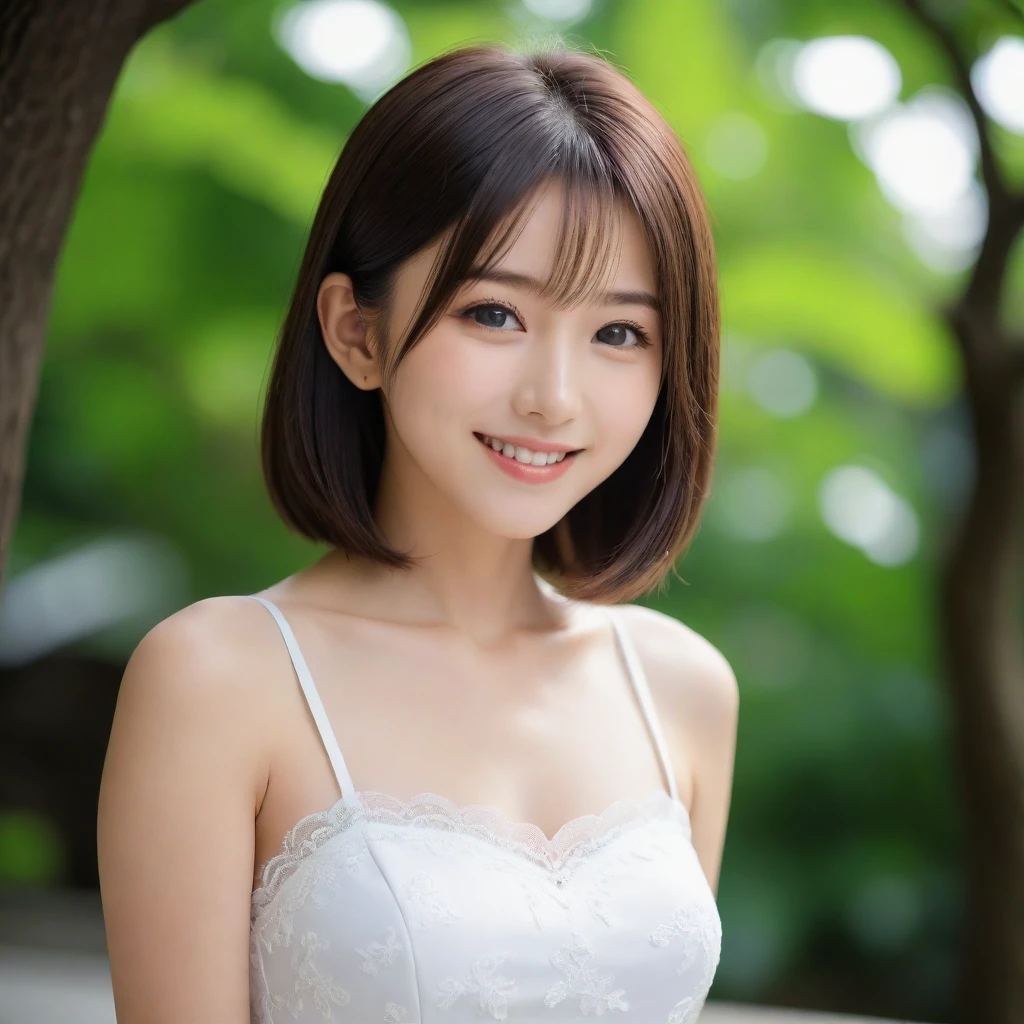 8k, Ultra-high resolution, Highest quality, masterpiece, 三分割法によるphotograph,Surreal, photograph, 1 girl, (16 years old:1.3), pretty girl, Cute face, Beautiful eyes in every detail, 細かくdetailedに,masterpiece,, One Girl:1.2, Japan Female Announcer,whole body,Young Wife,Urban area,street tree,Mini length dress,Full of cleanliness,A carefree smile,Healing the heart,Short Bob,Looking at the audience、beauty,Long neck、Laugh a little、Please close your mouth and laugh、(((Ideal body type))),A-cup small breasts :2,、Portraiture:2、Perfect Anatomy、鮮明なdetailed、detailed、Surreal、Light and shadow,Strong light