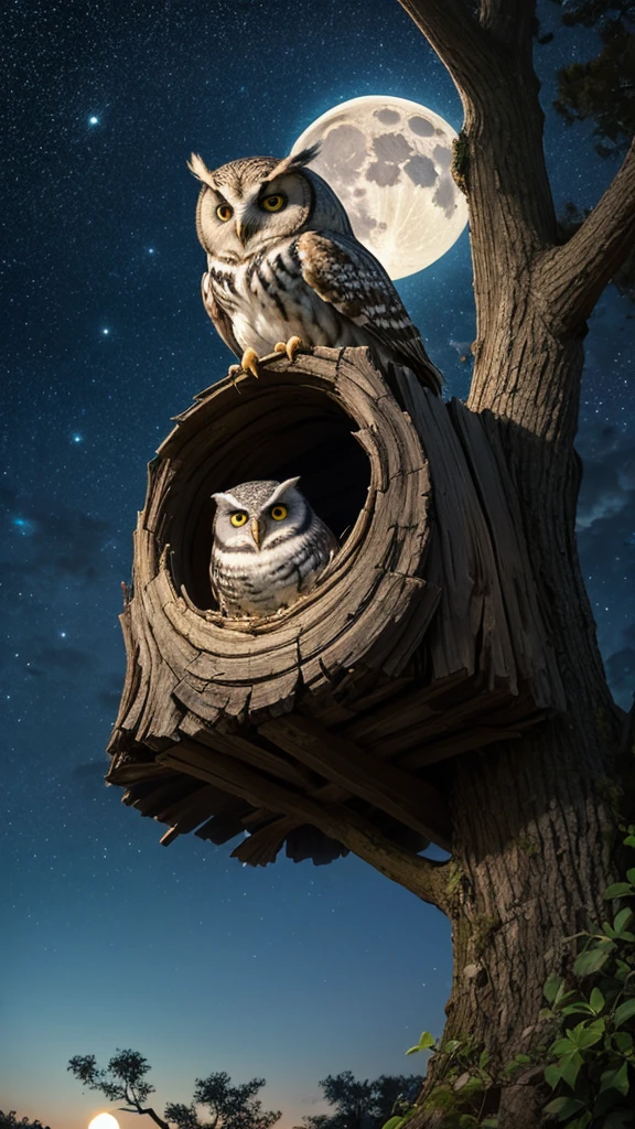 Owl resting in a big tree hole, night, Full Moon, Starry Sky, (masterpiece), (best quality), (Ultra-high detail), (Reality)