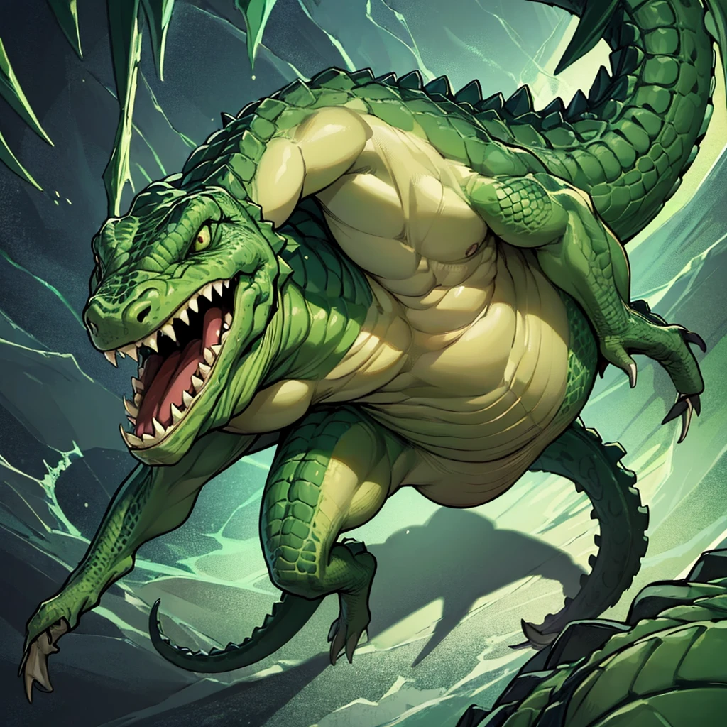 ((((No humans))))、Libra, reptiles, scar, Humanity, Crocodile, green body, scale, There is nothing there, Crocodilian, facial scar, Muscular, green scale, teeth、get annoyed、Fighting stance、Movement angle、From above