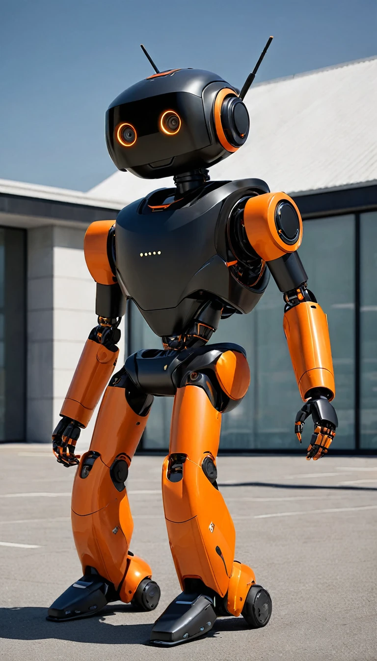 Create a realistic image of an adult male AI robot with a predominantly orange and black appearance. He was supposed to be wearing a helmet with goggles covering his eyes, but his mouth was visible and he was smiling at the camera, and his shoes were black and orange metal. The AI ​​robot must pose cutely in front of the camera, with its entire body clearly visible from head to toe. The background must be white. The overall scene should emphasize the whimsical and fun nature of the AI ​​robot character