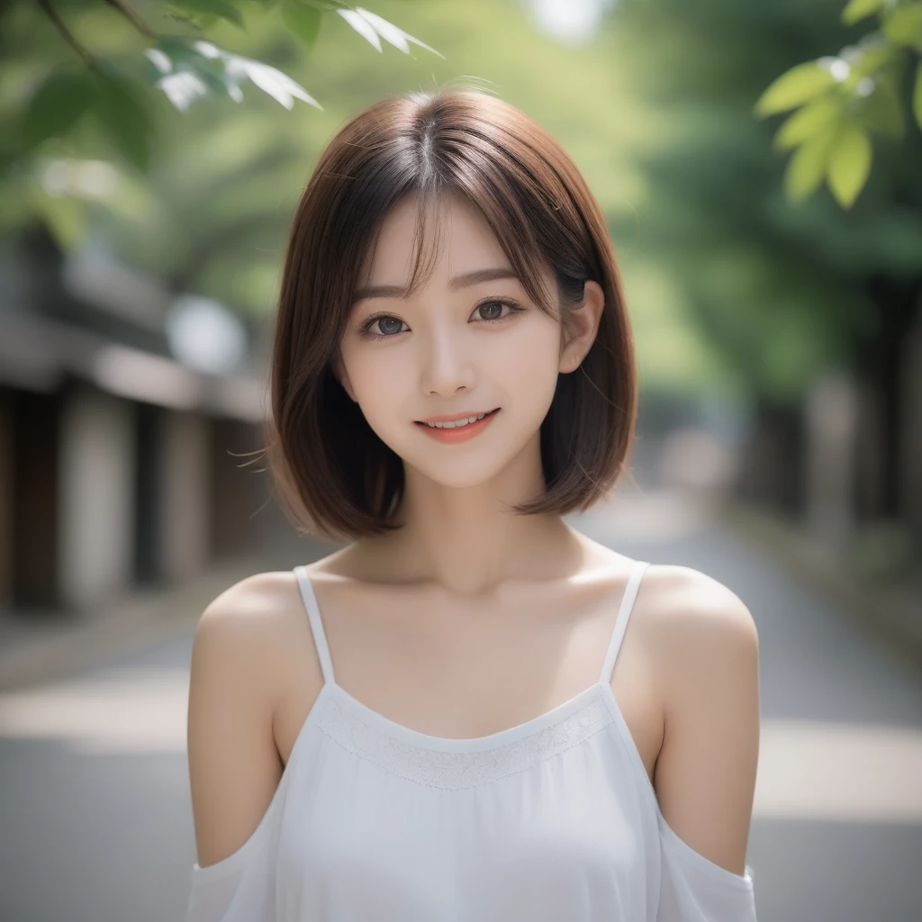 8k, Ultra-high resolution, Highest quality, masterpiece, 三分割法によるphotograph,Surreal, photograph, 1 girl, (16 years old:1.3), pretty girl, Cute face, Beautiful eyes in every detail, 細かくdetailedに,masterpiece,, One Girl:1.2, Japan Female Announcer,whole body,Young Wife,Urban area,street tree,Mini length dress,Full of cleanliness,A carefree smile,Healing the heart,Short Bob,Looking at the audience、beauty,Long neck、Laugh a little、Please close your mouth and laugh、(((Ideal body type))),A-cup small breasts :2,、Portraiture:2、Perfect Anatomy、鮮明なdetailed、detailed、Surreal、Light and shadow,Strong light