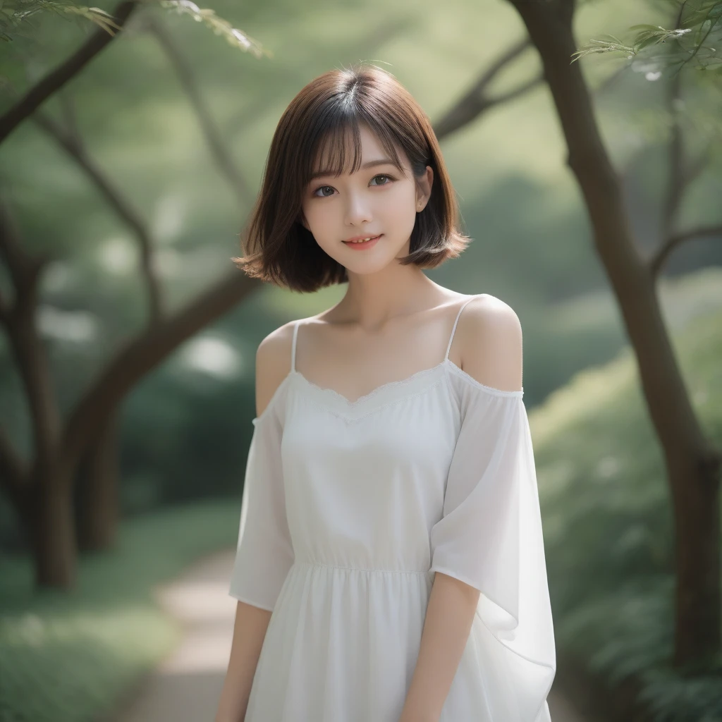8k, Ultra-high resolution, Highest quality, masterpiece, 三分割法によるphotograph,Surreal, photograph, 1 girl, (16 years old:1.3), pretty girl, Cute face, Beautiful eyes in every detail, 細かくdetailedに,masterpiece,, One Girl:1.2, Japan Female Announcer,whole body,Young Wife,Urban area,street tree,Mini length dress,Full of cleanliness,A carefree smile,Healing the heart,Short Bob,Looking at the audience、beauty,Long neck、Laugh a little、Please close your mouth and laugh、(((Ideal body type))),A-cup small breasts :2,、Portraiture:2、Perfect Anatomy、鮮明なdetailed、detailed、Surreal、Light and shadow,Strong light