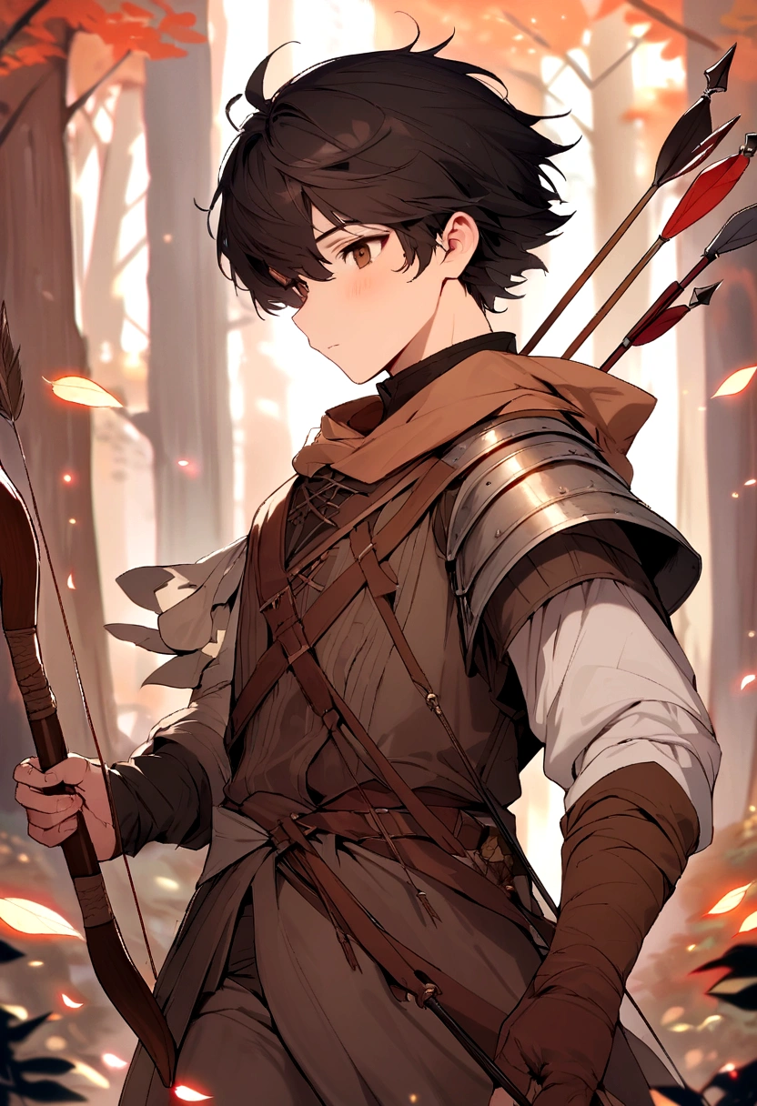 young man with short brownish black hair wearing medieval clothes, holding a bow and arrows, set in a forest. Approaching perfection, Long take shot, Ultra detailed, smooth, HD resolution, Niji-5. 