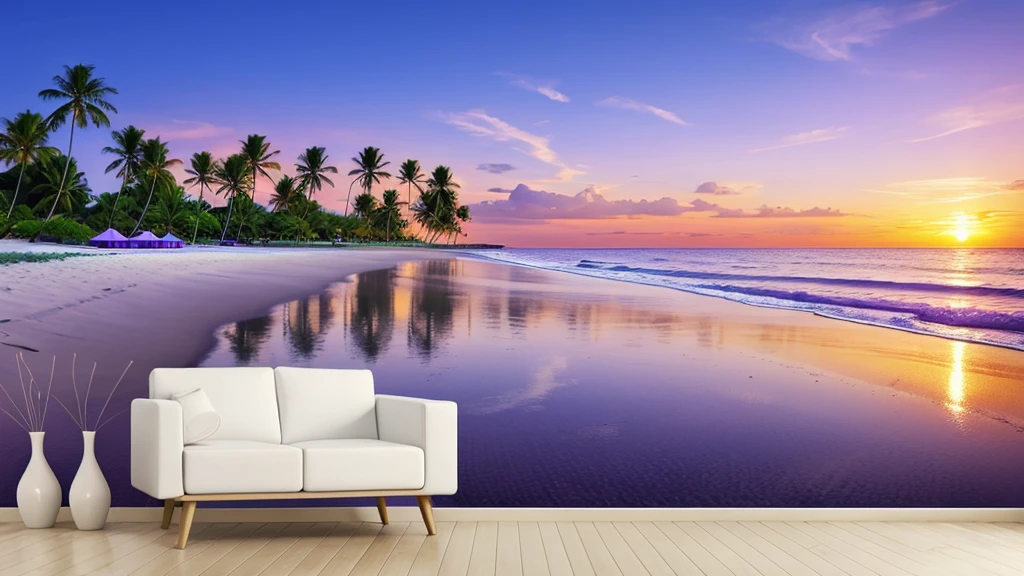 create 3D wallpaper, real beach with purple sky for banner in room, real water, realistic, best quality, 16K