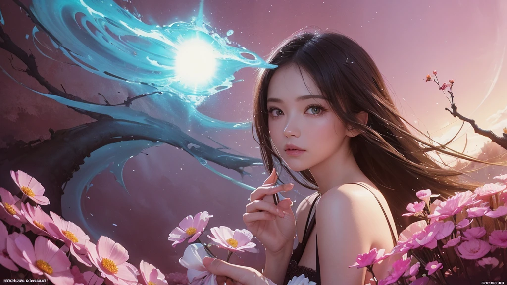 32k, Masterpiece, Highest quality, One girl, Detailed eyes, flower,Sandersonia, Pink and brown style,A dreamy, romantic piece,Pale pink, Mysterious Leaves,A playful arrangement,Fantasy,High Contrast,Ink strokes,explosion,Exposure, Impression of pink and brown tones,Abstract,((Watercolours by John Berkey and Jeremy Mann )) Brush strokes,Negative Space, Tyndall effect,