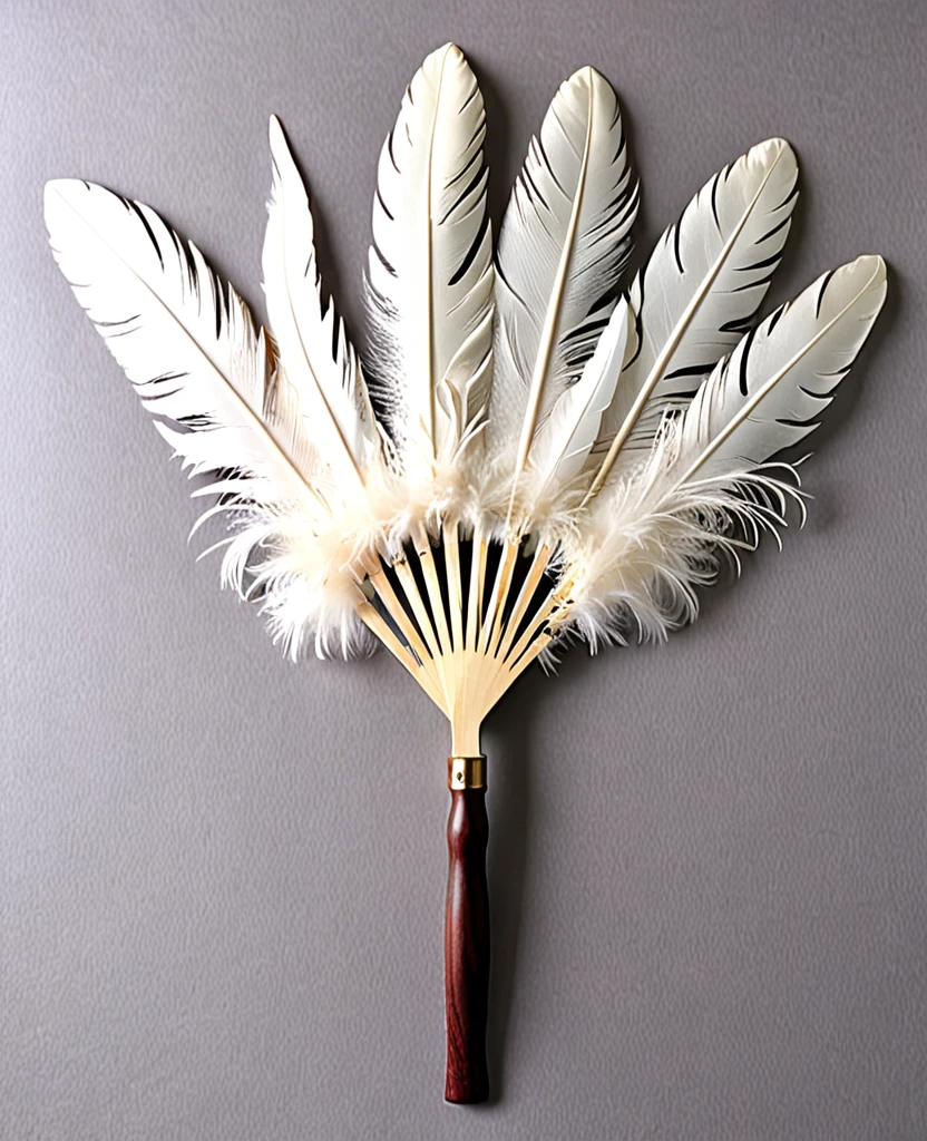 (Handle Feather Fan)、(Wooden handle)、((It is made up of many overlapping feathers.))、(The handle is at the base of the blade.)、A collection of long feathers、
