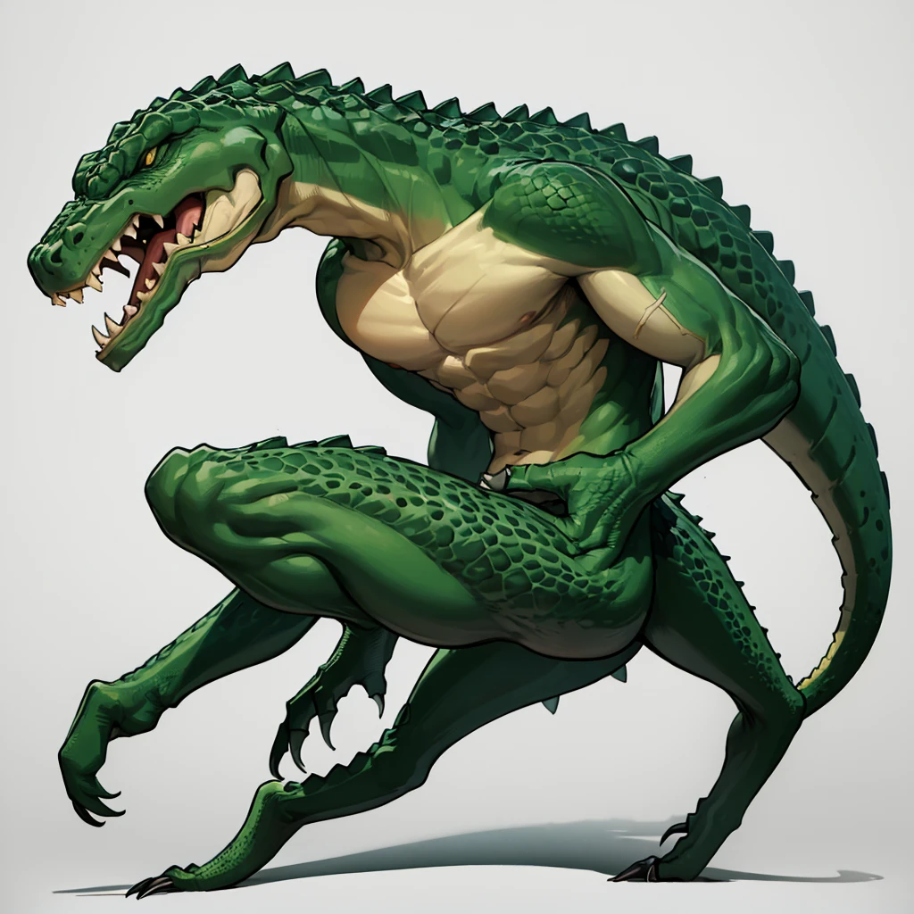 ((((No humans))))、Libra, reptiles, scar, Humanity, Crocodile, green body, scale, There is nothing there, Crocodilian, facial scar, Muscular, green scale, teeth、get annoyed、Fighting stance、Movement angle、(profile、From the side)、White background