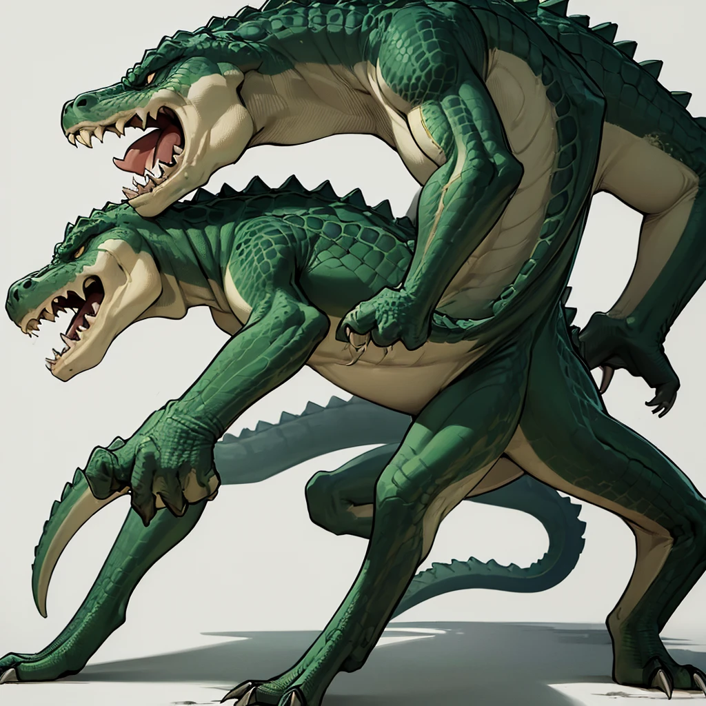 ((((No humans))))、Libra, reptiles, scar, Humanity, Crocodile, green body, scale, There is nothing there, Crocodilian, facial scar, Muscular, green scale, teeth、get annoyed、Fighting stance、Movement angle、(profile、From the side)、White background