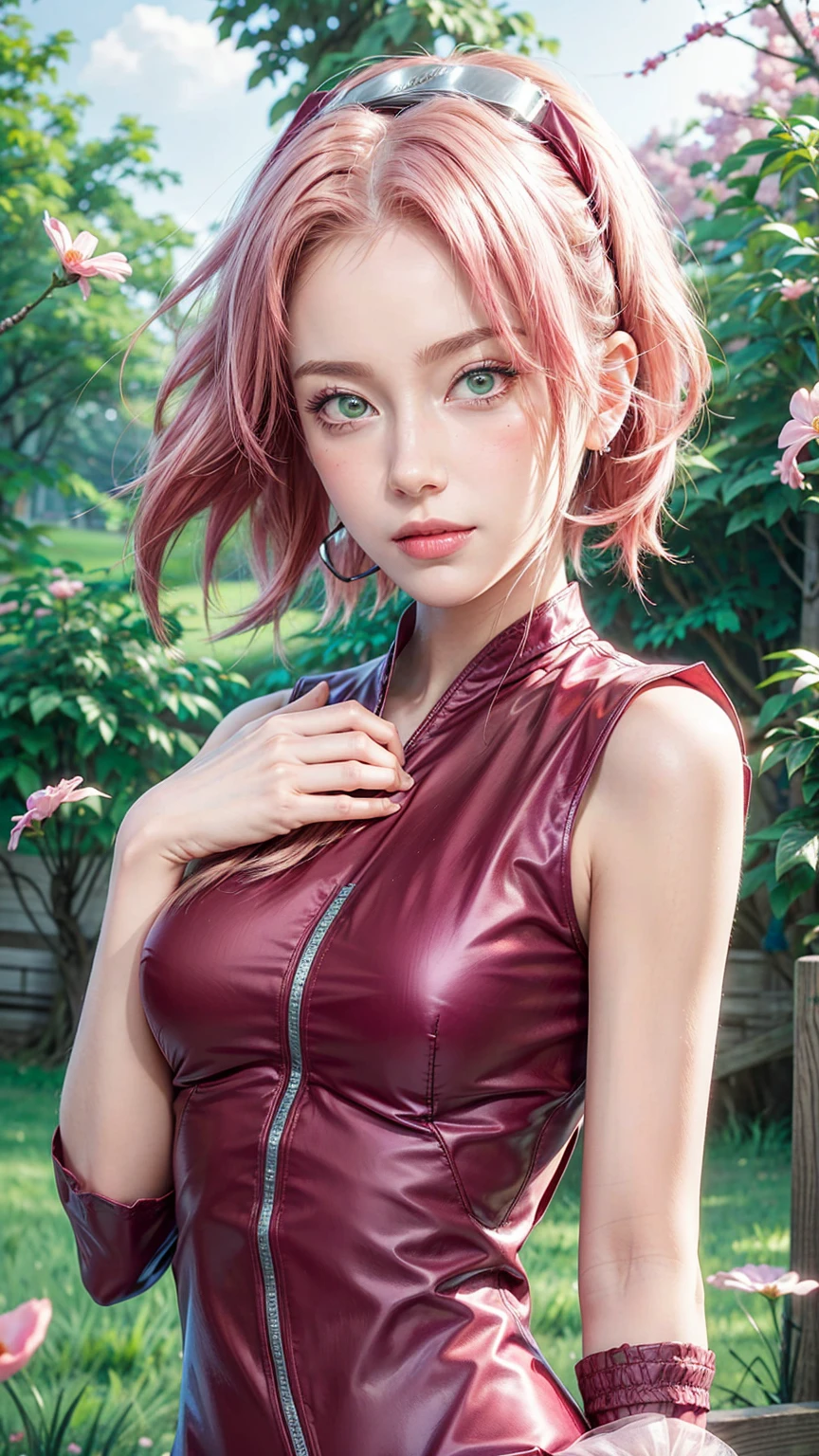 One girl, (8k, RAWphotograph, Highest quality, masterpiece:1.2), (Ultra-high resolution:1.0),detailed illustrinion, (Real person,fashion photography portrait,photograph), detailed, detailed beautiful skin, (Realistic, photo-Realistic:1.37), Sakura NS, 一人in, Professional Lighting, Pink dress with flowers), village, East Asian architecture, wood, village hidden in the leaves background,Looking_in_Audience, smile, Flowers on the forehead,red_hair band,Pink Hair,Green Eyes,mitain,Closed-toe footwear,Kunai,Facial blemishes,woodノ葉隠れのシンボル,Finding_stance,fence,Ninja,Adjust handbag,No sleeve,Cleavage