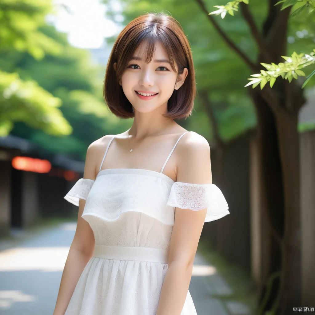 8k, Ultra-high resolution, Highest quality, masterpiece, 三分割法によるphotograph,Surreal, photograph, 1 girl, (16 years old:1.3), pretty girl, Cute face, Beautiful eyes in every detail, 細かくdetailedに,masterpiece,, One Girl:1.2, Japan Female Announcer,whole body,Young Wife,Urban area,street tree,Mini length dress,Full of cleanliness,A carefree smile,Healing the heart,Short Bob,Looking at the audience、beauty,Long neck、Laugh a little、Please close your mouth and laugh、(((Ideal body type))),A-cup small breasts :2,、Portraiture:2、Perfect Anatomy、鮮明なdetailed、detailed、Surreal、Light and shadow,Strong light