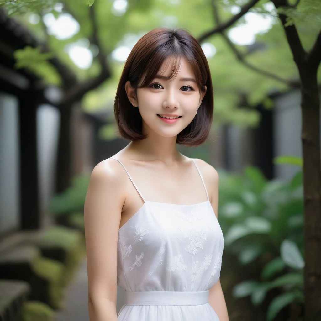 8k, Ultra-high resolution, Highest quality, masterpiece, 三分割法によるphotograph,Surreal, photograph, 1 girl, (16 years old:1.3), pretty girl, Cute face, Beautiful eyes in every detail, 細かくdetailedに,masterpiece,, One Girl:1.2, Japan Female Announcer,whole body,Young Wife,Urban area,street tree,Mini length dress,Full of cleanliness,A carefree smile,Healing the heart,Short Bob,Looking at the audience、beauty,Long neck、Laugh a little、Please close your mouth and laugh、(((Ideal body type))),A-cup small breasts :2,、Portraiture:2、Perfect Anatomy、鮮明なdetailed、detailed、Surreal、Light and shadow,Strong light