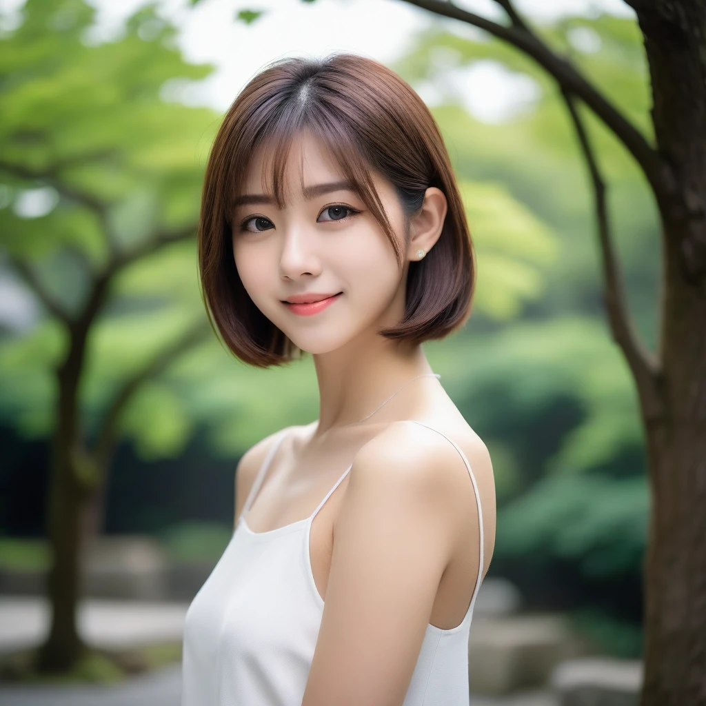 8k, Ultra-high resolution, Highest quality, masterpiece, 三分割法によるphotograph,Surreal, photograph, 1 girl, (:1.3), pretty girl, Cute face, Beautiful eyes in every detail, 細かくdetailedに,masterpiece,, One Girl:1.2, Japan Female Announcer,whole body,Young Wife,Urban area,street tree,Mini length dress,Full of cleanliness,A carefree smile,Healing the heart,Short Bob,Looking at the audience、beauty,Long neck、Laugh a little、Please close your mouth and laugh、(((Ideal body type))),A-cup small breasts :2,、Portraiture:2、Perfect Anatomy、鮮明なdetailed、detailed、Surreal、Light and shadow,Strong light